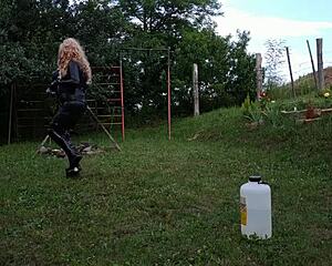 Petite Hungarian goddess trains her shemale slave outdoors